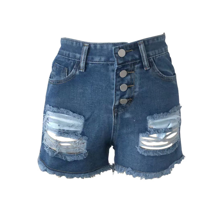 Women's casual destroyed denim shorts with button placket and frayed hem Lune London