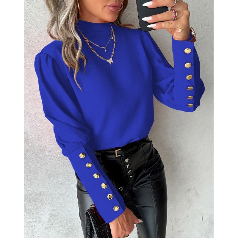 Elegant blouse for women with puff sleeves and golden button details Lune London