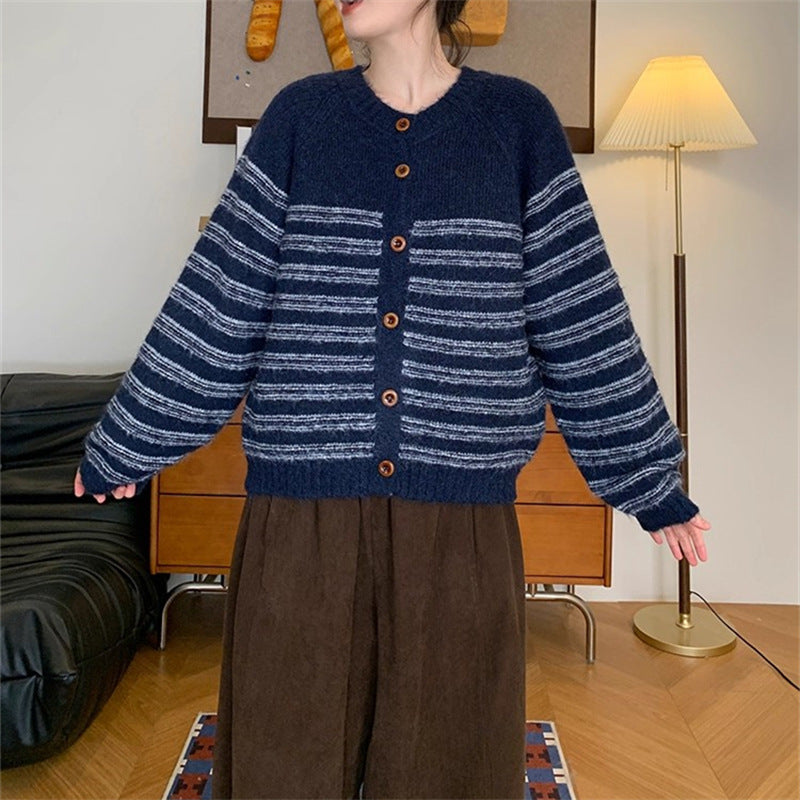Ladies Chunky Knit Jacket with Modern Stripes and Chic Button Details and Style