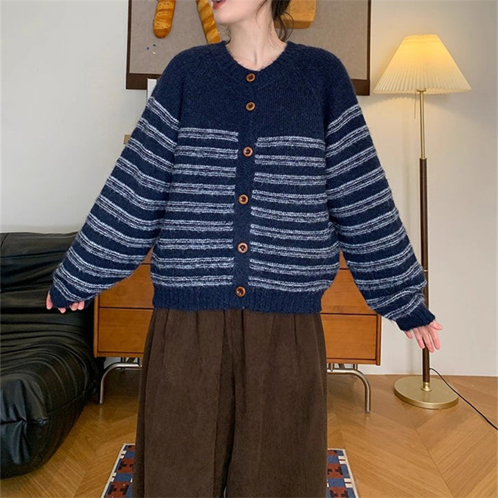 Ladies Chunky Knit Jacket with Modern Stripes and Chic Button Details and Style