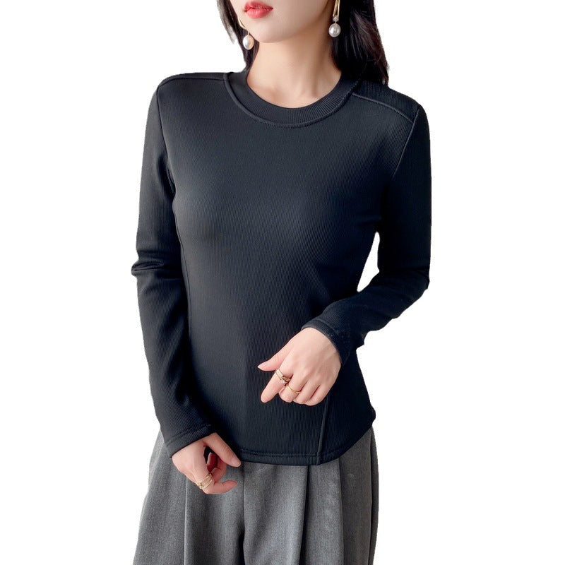 Ladies fashionable cropped long sleeve shirt with ribbed texture Chic & Stil