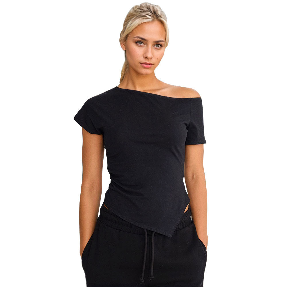Asymmetrical top for women with trendy halter design and decorative cutout Chic & Stil