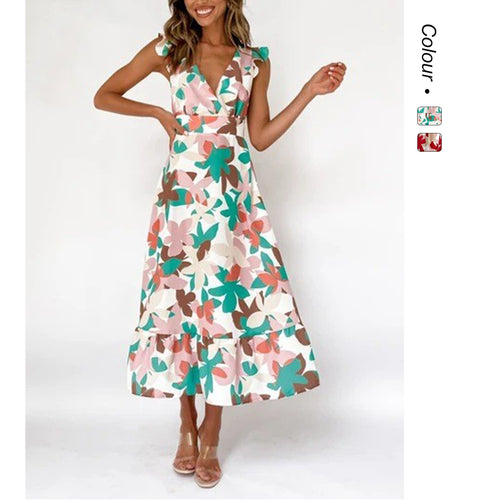 Women's Long Sleeve Maxi Dress with Playful Ruffle Design and Open Back