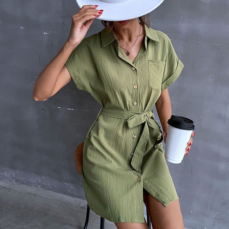 Shirt dress with button placket for women with tie belt Lune London