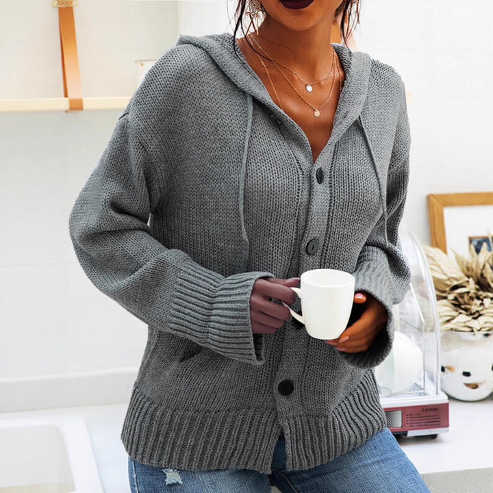 Ladies chunky knit cardigan with hood and large buttons Lune London