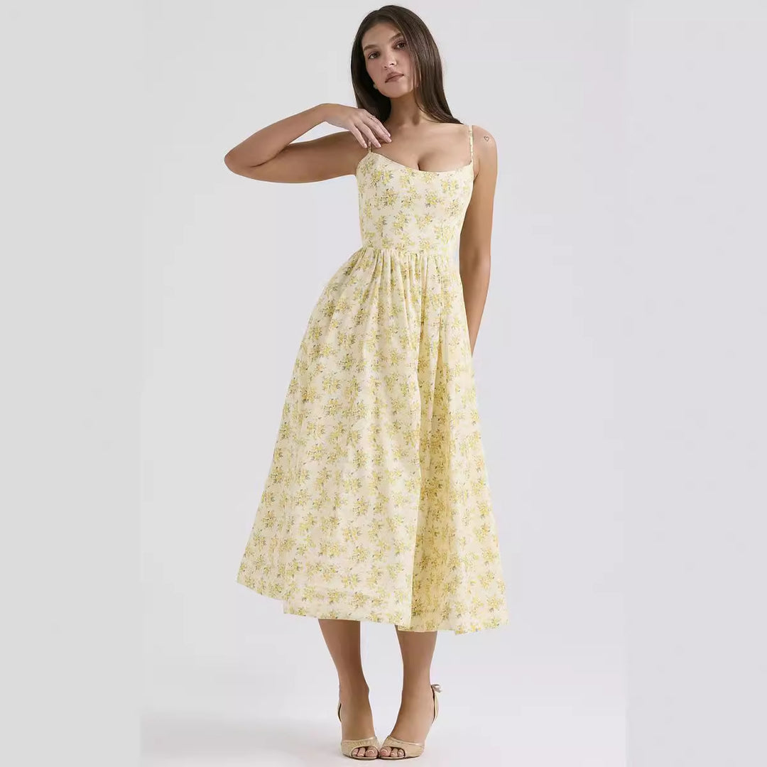 Women’s midi floral dress with strapless style and swinging skirt Lune London