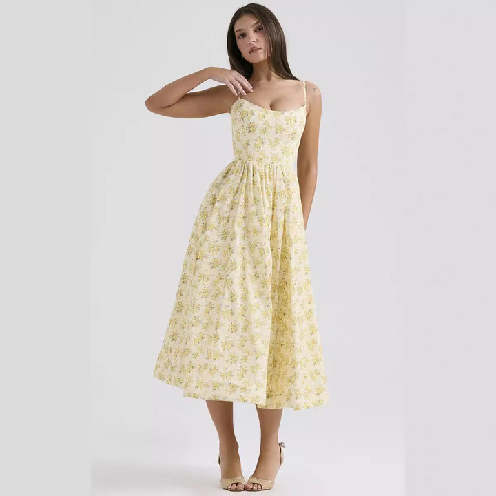 Women’s midi floral dress with strapless style and swinging skirt Lune London
