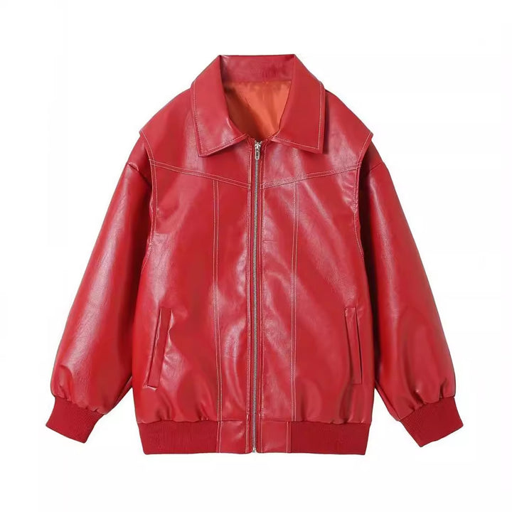 Ladies stylish faux leather jacket with voluminous sleeves and practical zipper pockets Chic and style