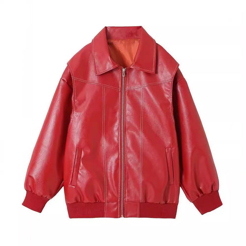 Ladies stylish faux leather jacket with voluminous sleeves and practical zipper pockets Chic and style