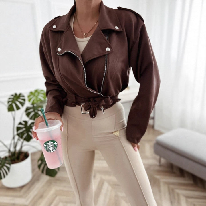 Veste de motard en simili cuir élégante et moderne pour femmes avec ceinture Chic & Stil