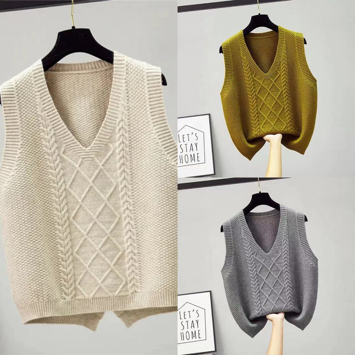 Knitted vest for women with decorative twisted pattern and V-neck Lune London