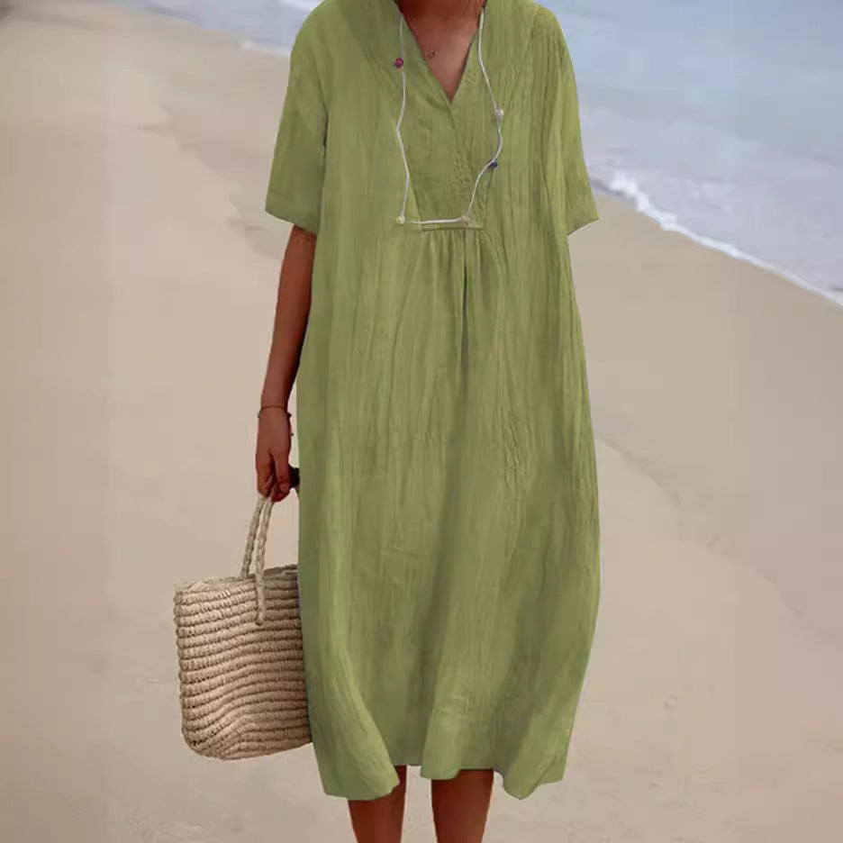 Casual beach dress for women with V-neck and wide hem Lune London