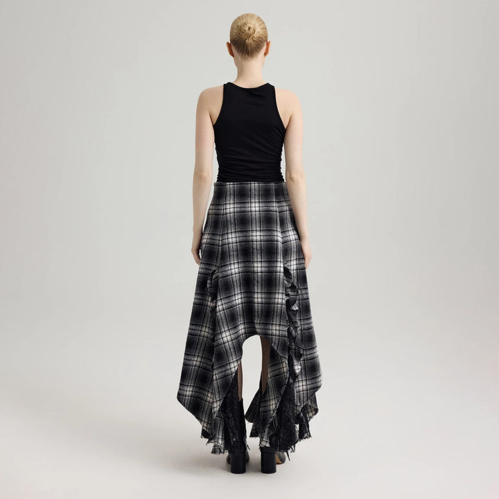 Women’s maxi skirt with asymmetric hem and ruffle details Lune London
