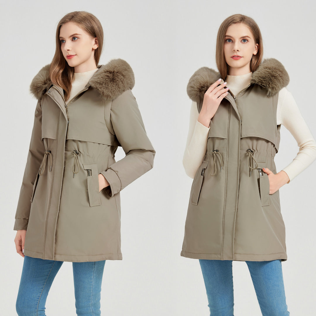 Functional jacket for women with removable faux fur collar and drawstring waist Lune London
