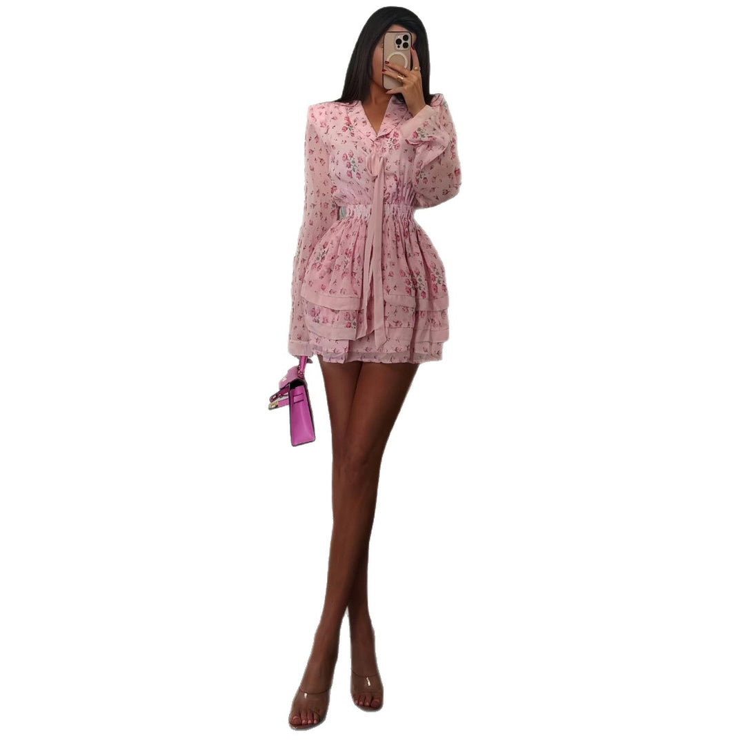 Women's Romantic Floral Dress with Deep V-Neck and Gatherings