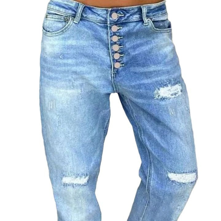 Women's Mom Jeans with button closure and stylish distressed details