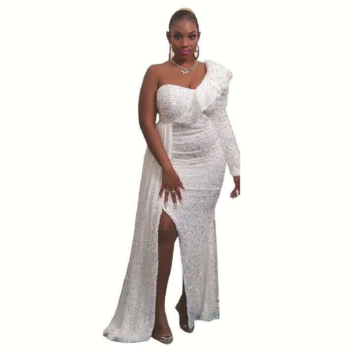 Women Elegant Off-Shoulder Maxi Dress with Shimmering Accents and Asymmetrical Design Lune London