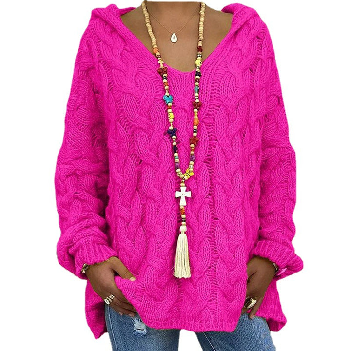 Ladies hoodie in chunky knit with V-neck and decorative cord Lune London