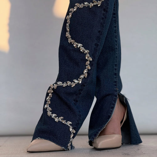 Bootcut jeans for women with glitter applications and frayed edges Lune London