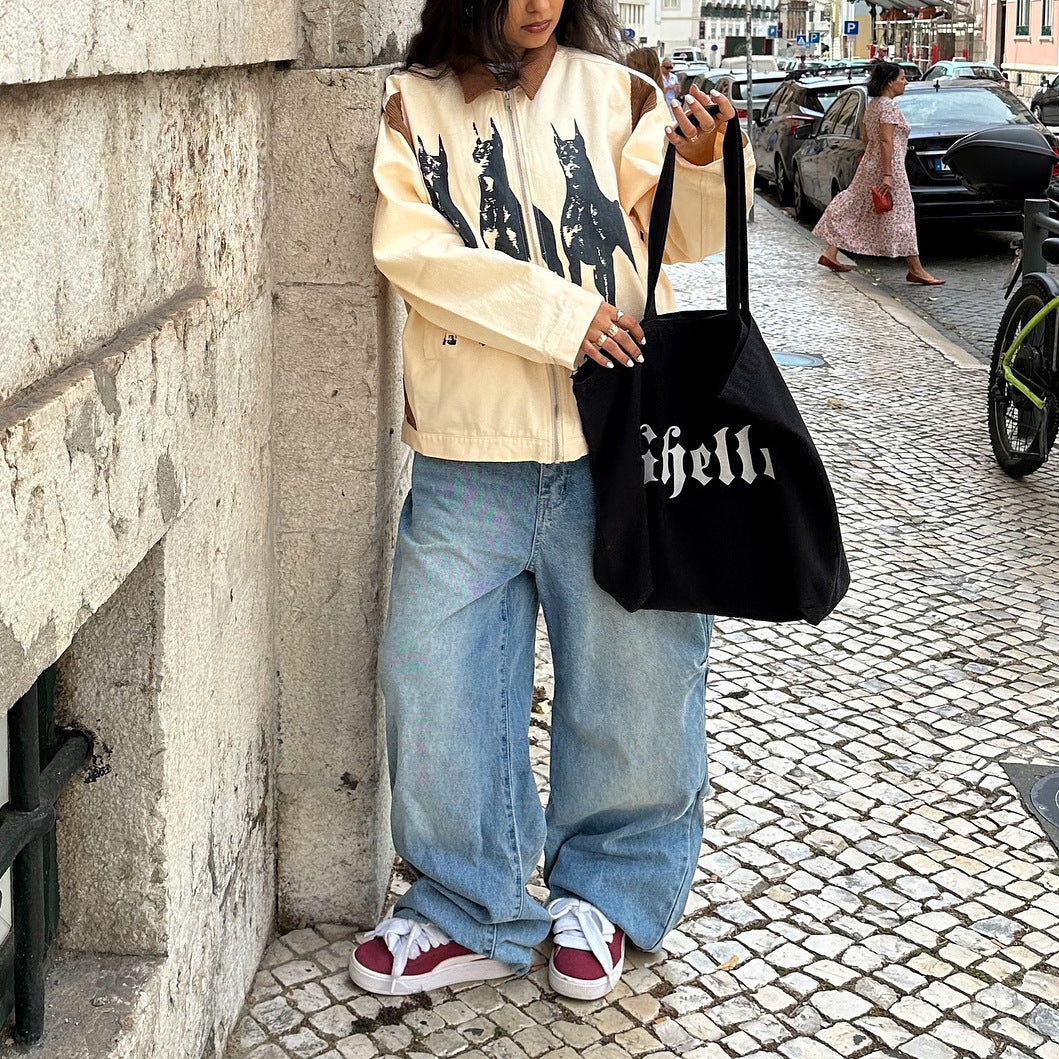 Streetwear jacket for women with a unique dog print and casual cuts Lune London