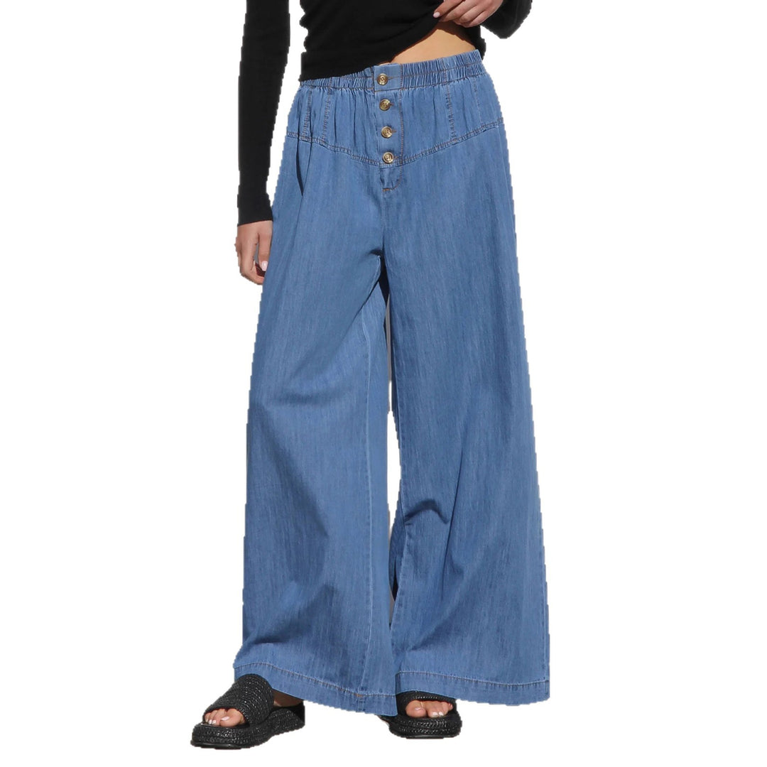 Pantalon en denim large pour femmes avec taille élastique et détails de boutons Chic & Stil
