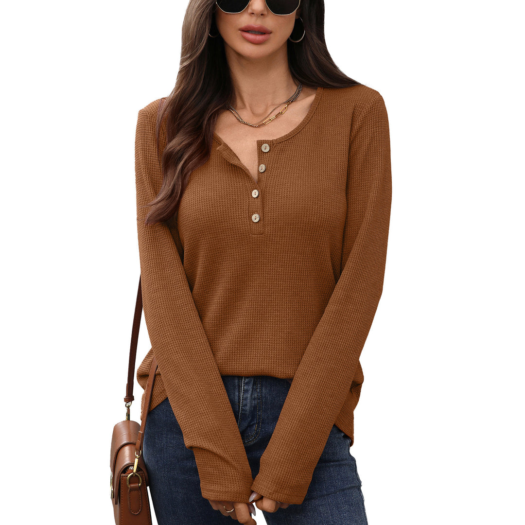 Long sleeve waffle knit t-shirt for women with button placket Lune London