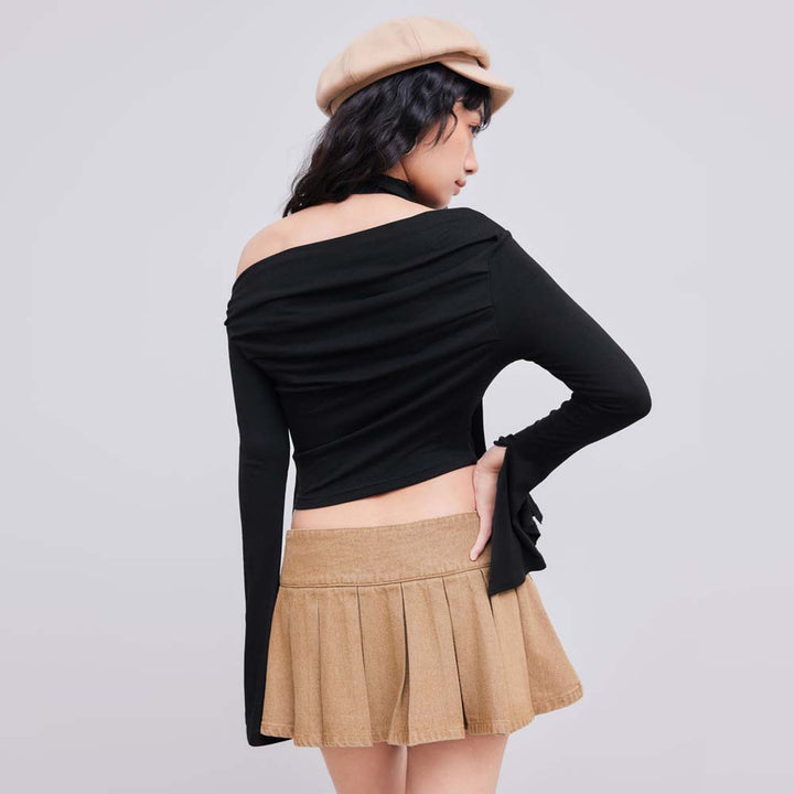 Short top for women with asymmetrical halter design and elegant draping Chic & Stil