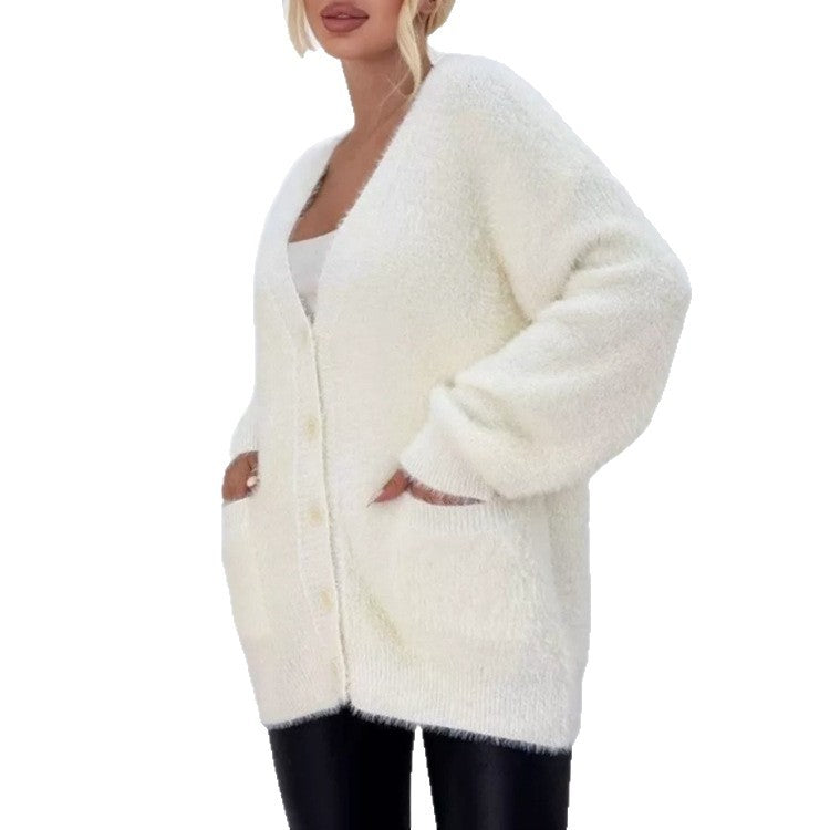 Ladies Plush Cardigan with Large Pockets and Relaxed Fit Lune London