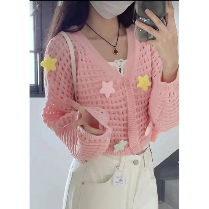 Ladies lightweight cardigan with colorful star appliqués and drawstring Lune London