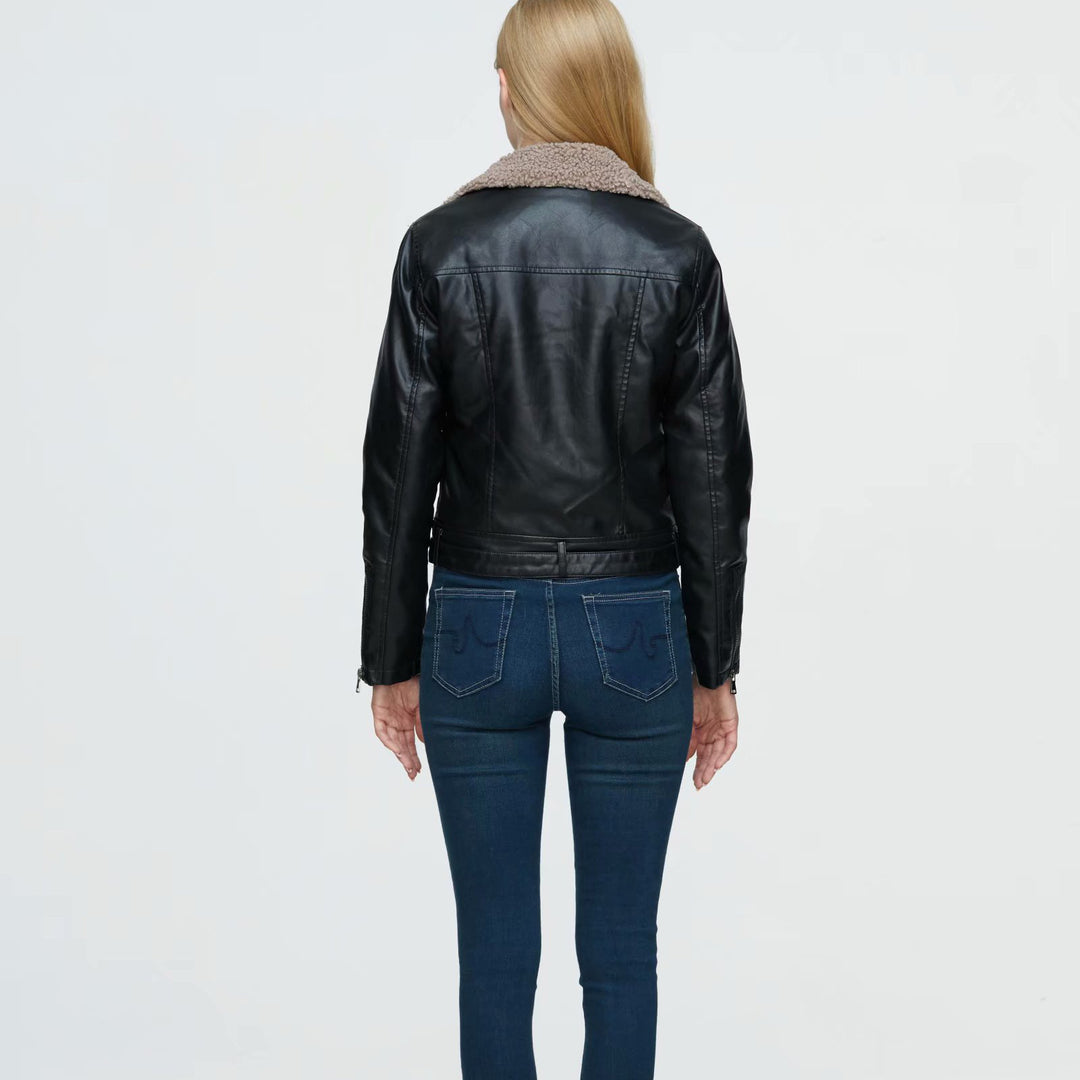 Stylish sheepskin biker jacket for ladies with double zip closure and adjustable belt Lune London