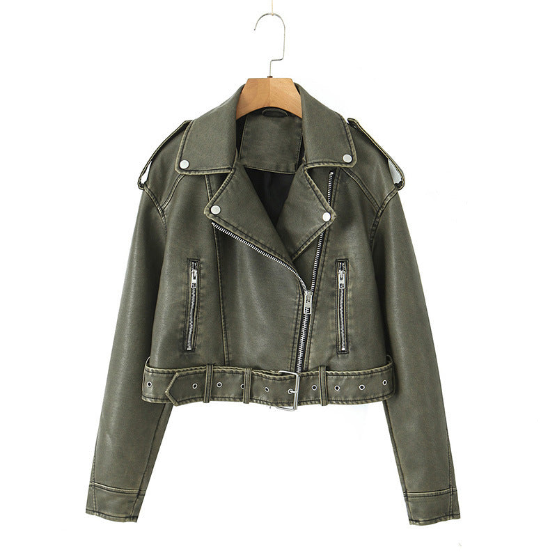 Faux leather biker jacket for women with belt Lune London