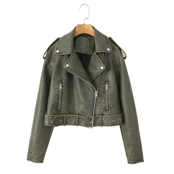 Faux leather biker jacket for women with belt Lune London