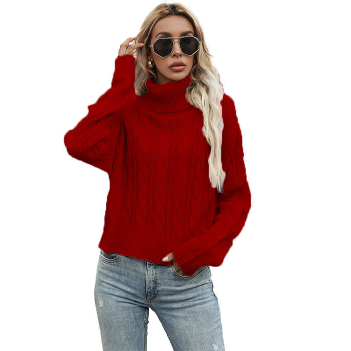 Knit sweater with high collar and cable knit pattern for women Lune London