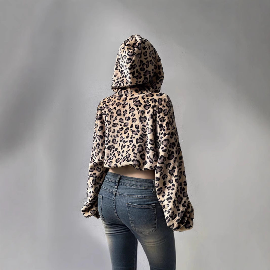 Women Short Hoodie with Leopard Print Lune London