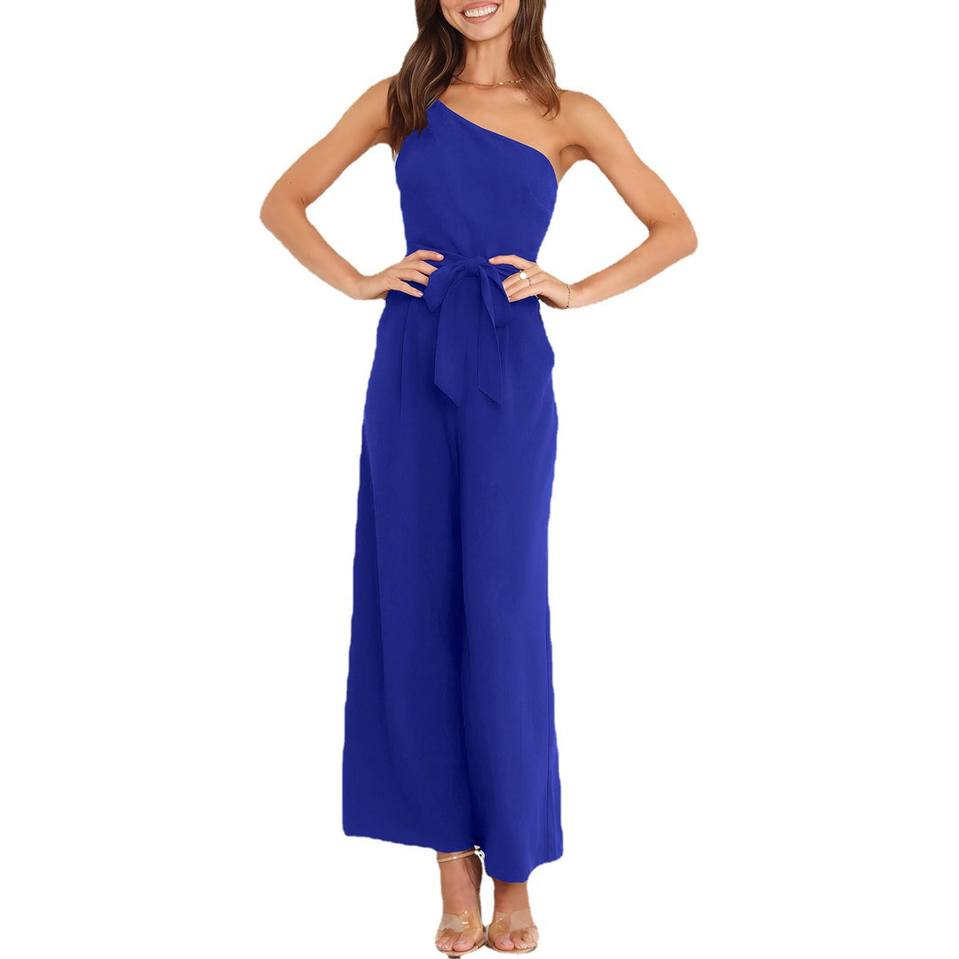 Ladies Elegant Jumpsuit with asymmetrical design and waist belt Lune London