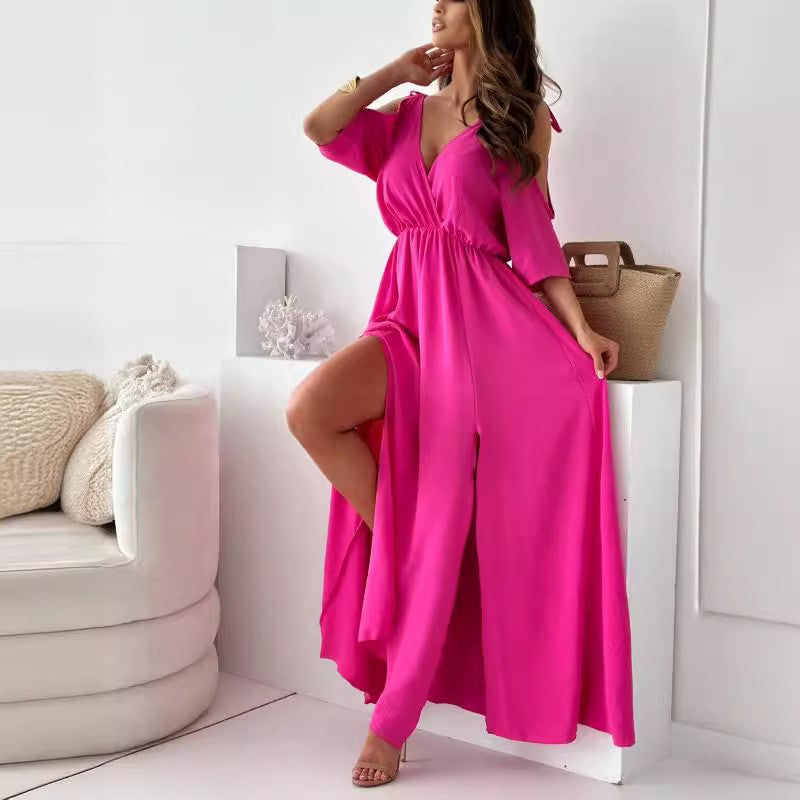Maxi dress with high slit for women with adjustable tie belt Lune London