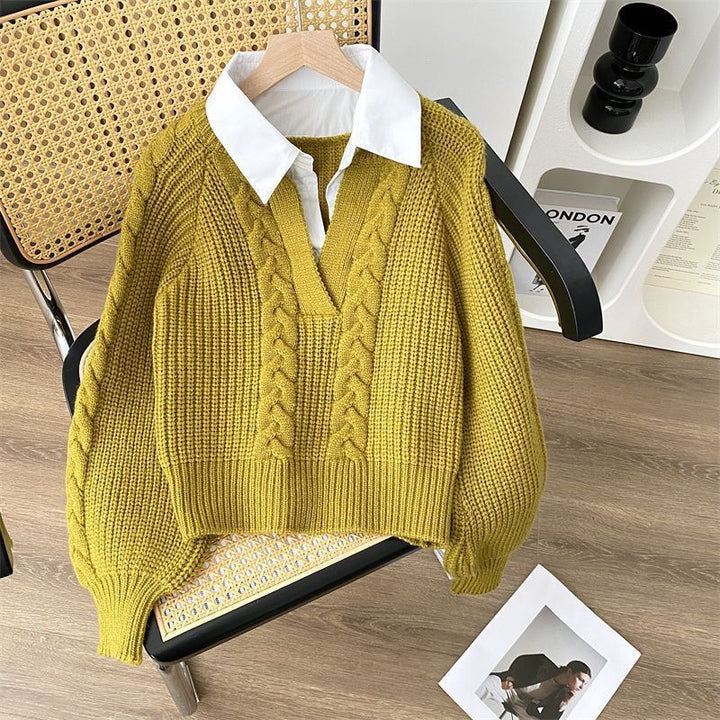 Sweater tricot élégant pour femmes avec décolleté en V profond et motif en câble Chic & Stil