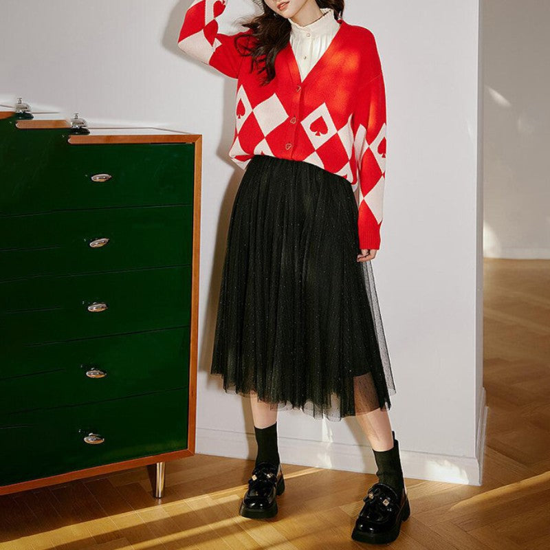 Knit jacket for women with heart-shaped buttons and diamond pattern Lune London