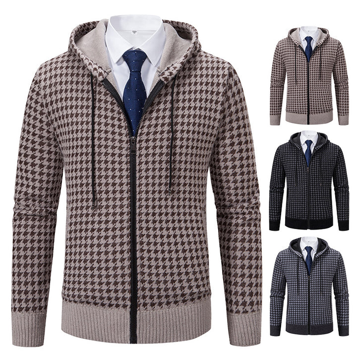 Comfortable knitted sweater for men with a modern check pattern and hood Lune London