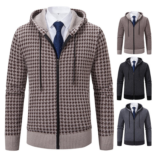 Comfortable knitted sweater for men with a modern check pattern and hood Lune London