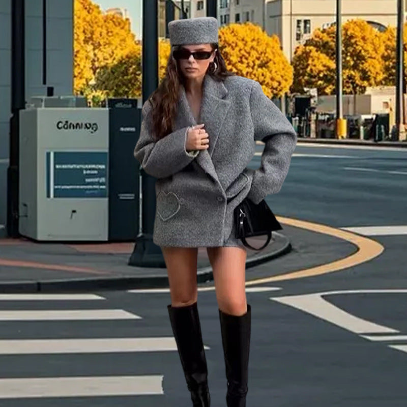 Ladies trendy slip-on blazer in wool blend with heart-shaped detail Lune London