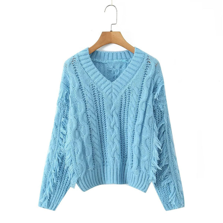 Pull en maille épaisse pour femme avec décolleté en V profond et franges Chic & Stil