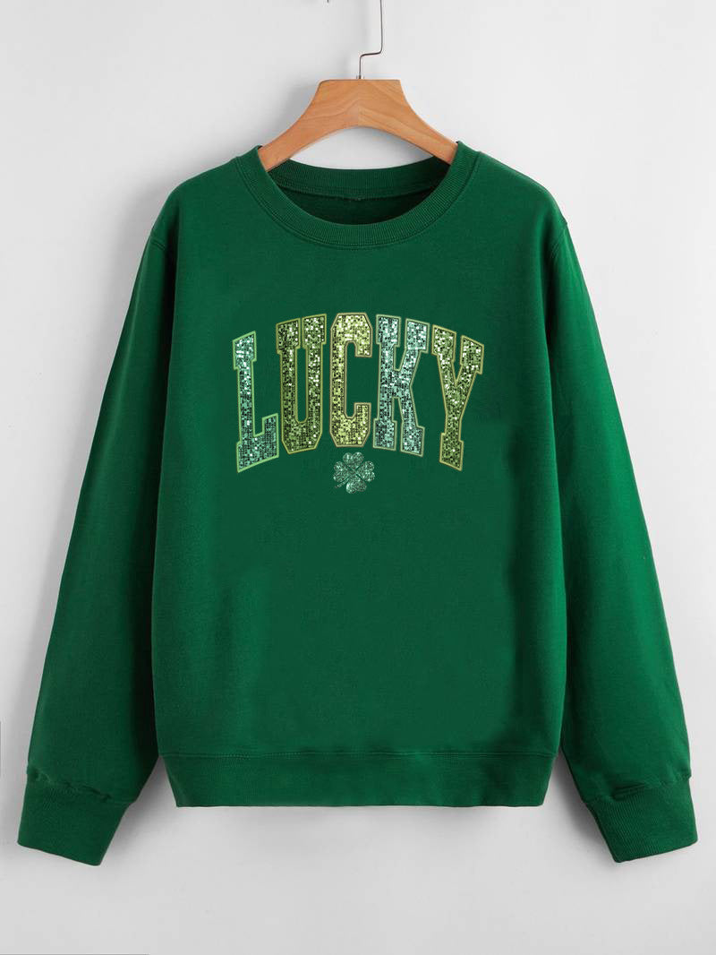 Sweatshirt décontracté pour femmes avec lettrage étincelant et motif de trèfle Chic & Stil