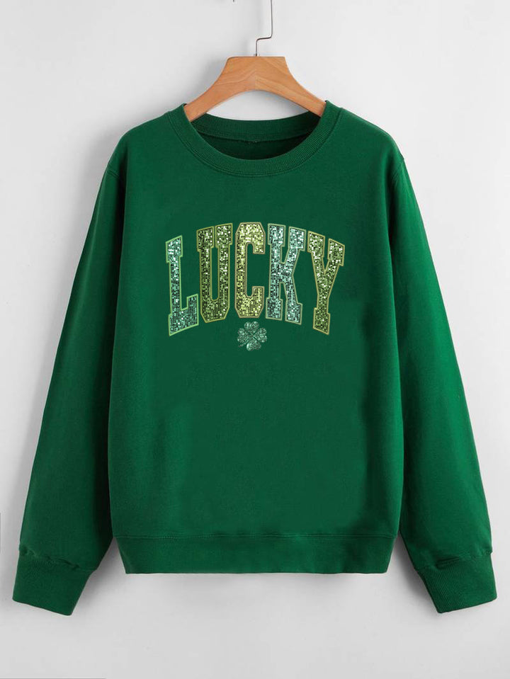 Sweatshirt décontracté pour femmes avec lettrage étincelant et motif de trèfle Chic & Stil