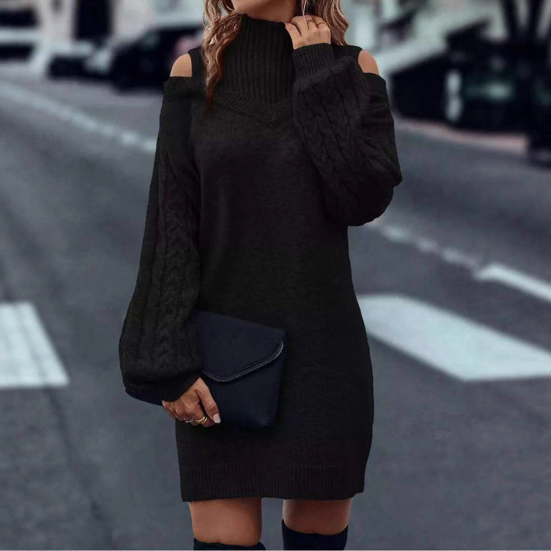 Knit dress for women with off-the-shoulder design and structured high collar Lune London