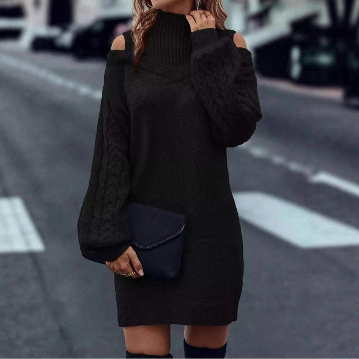 Knit dress for women with off-the-shoulder design and structured high collar Lune London