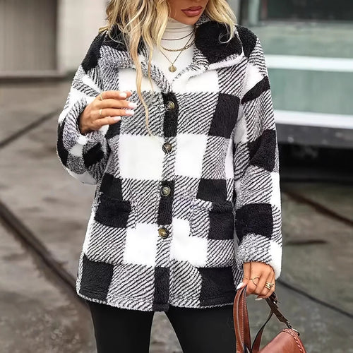 Women Cozy Fleece Jacket with Individual Plaid Pattern Lune London
