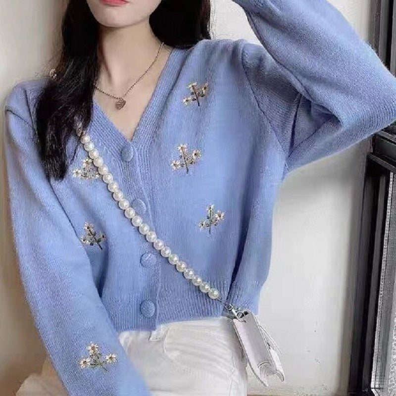 Short-sleeve knitted jacket for women with a floral design Lune London