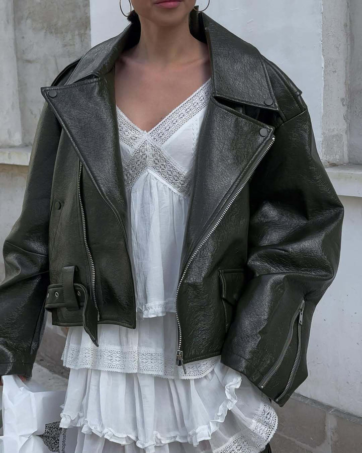 Oversized faux leather jacket for women with asymmetrical zipper Lune London