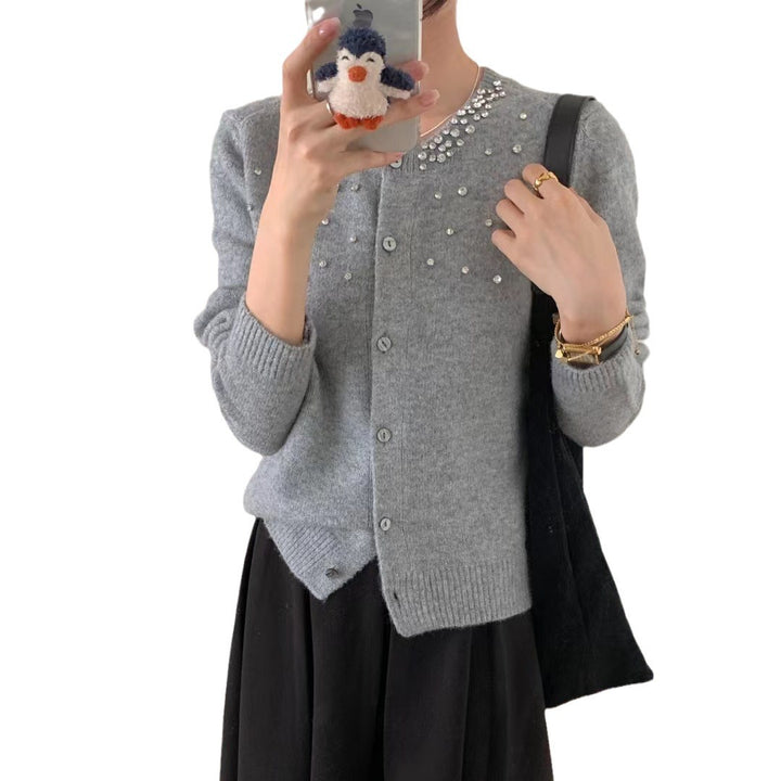 Knit jacket for women with elegant pearl appliqués and a classic round collar Lune London